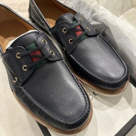 GUCCI 232416 Dark Navy Blue Leather Signature Web Loafers Boat Shoes Sz … - Picture 1 of 1